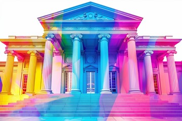 Pop art depiction of courthouse with bold colors, isolated white background, high detail, copy space