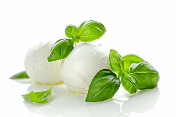 Obraz premium three mozzarella balls with basil leaves on top
