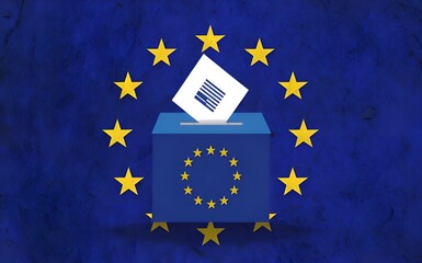 European Union elections concept image background , ballot box with EU flag colors and stars and ballot paper