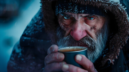 Sad homeless man with a gray beard holding a cup of hot tea to warm himself on a cold night