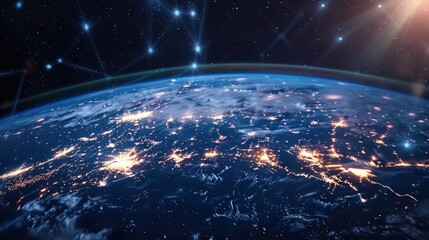Global network on earth from space, world finance connectivity, business trading, telecommunications