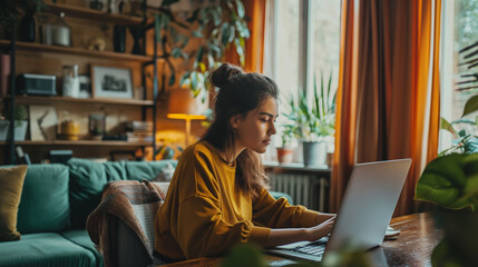 Focused woman using a laptop in a cozy home environment
