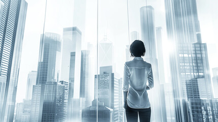 Fototapeta premium Girl standing in an urban cityscape with tall buildings