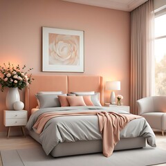 Bedroom in Delicate Peach Fuzz Color Trend 2024 with Panton Furniture and Accent Wall. Modern Luxury Room Interior for Home or Hotel. Empty Warm Apricot Paint Background for Art. 3D Render.