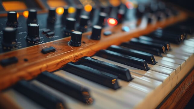 Oldschool analog synthesizer with knobs and keys, isolated white background, high detail, retro music production