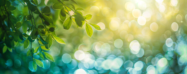 Obraz premium Abstract blurred background with sun and bokeh light effect in pastel green blue yellow color, spring summer nature landscape