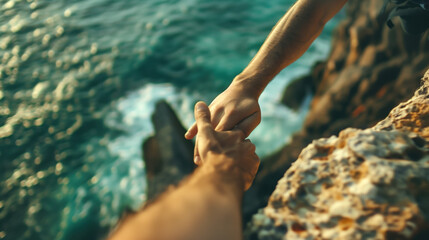 Hands Holding Together Near the Ocean.