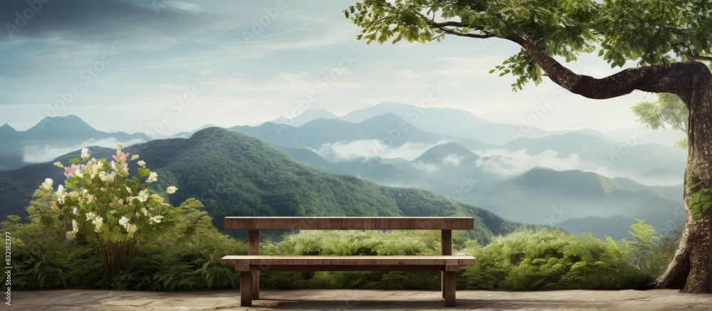 Canvas Prints a bench with a table under a tree against the background of mountains. creative banner. copyspace im
