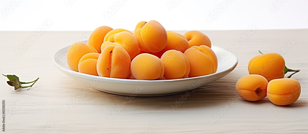 Poster fresh apricots in a cut with a stone on a plate on a white table. Creative banner. Copyspace image