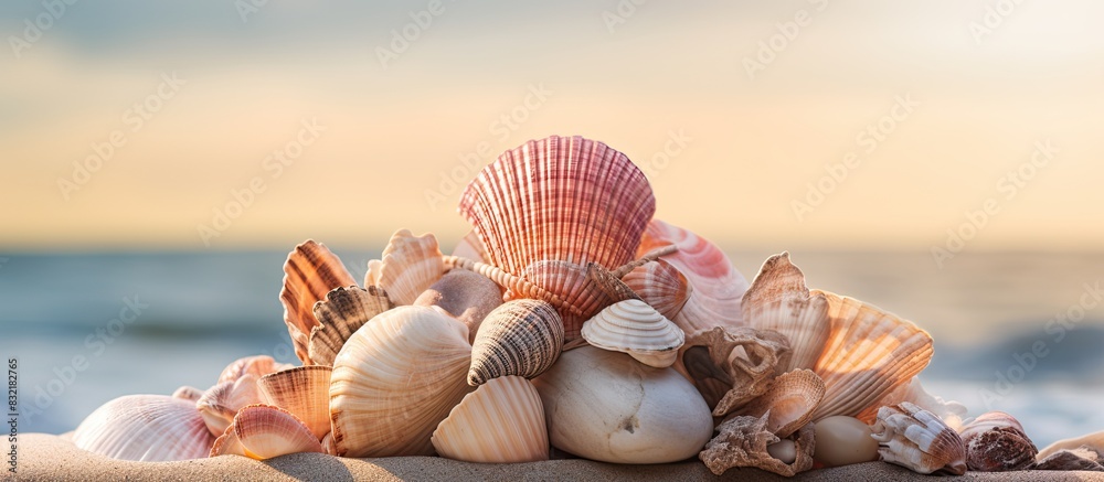 Aufkleber a pile of shells on a rock created by nature. creative banner. copyspace image