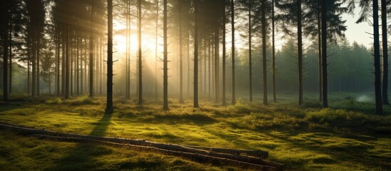 sun dappling between pine trees. Creative banner. Copyspace image