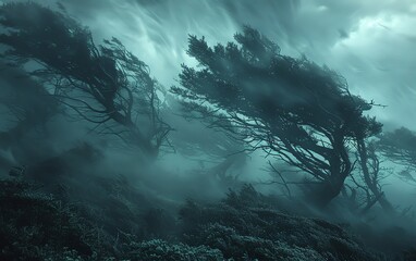Dramatic and eerie landscape with windblown trees under stormy skies, creating an intense and mysterious atmosphere.