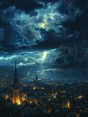 Dramatic lightning storm over a city at night, illuminating the skyline with striking bolts of lightning and illuminated clouds.