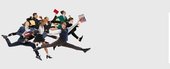 Deadlines and time management, Employees running to approve their projects isolated on white...