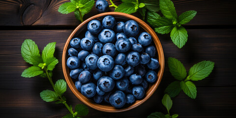 Blueberry banner. Bowl full of blueberries. Close-up food photography background - Powered by Adobe
