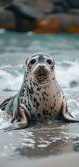 Fototapeta premium A cute seal pup sits on the beach, looking up at the camera with its big, round eyes