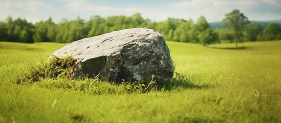 Old stone in the grass field Grass texture with stone. Creative banner. Copyspace image