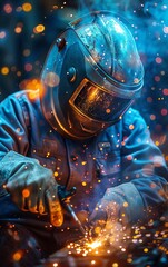 Welder in protective gear working with spark effects, creating a vibrant and energetic scene in a workshop environment.