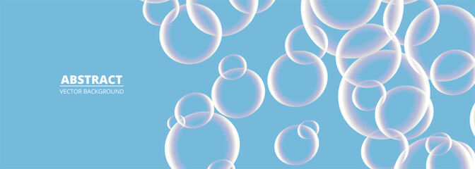 Blue wide abstract background with soap bubbles. Realistic 3d transparent bubbles on vector illustration wide banner.