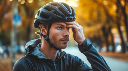 Male cyclist adjusting a cycling helmet