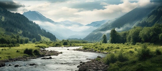 River in mountains Serene clear waters weave through rugged peaks painting a tranquil and picturesque landscape. Creative banner. Copyspace image