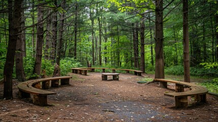 An inviting forest classroom with semi-circular wooden benches, set among tall, dense trees in a tranquil, natural environment.