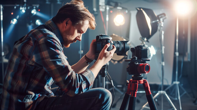 Male photographer adjusting a camera