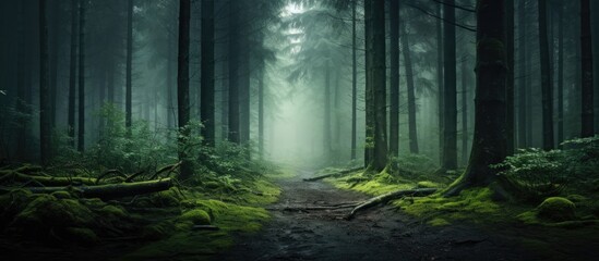 Forest flowing in the shadow of clouds. Creative banner. Copyspace image