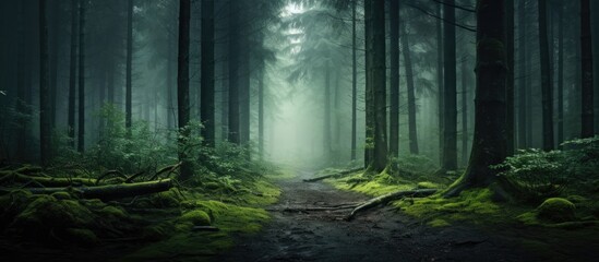 Naklejka premium Forest flowing in the shadow of clouds. Creative banner. Copyspace image