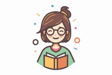 Cute cartoon teacher reading a book with a happy expression