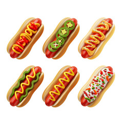 A set of six hot dogs with different toppings