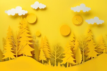 Peaceful paper art depicting yellow trees and clouds on a sunny background with clouds in the sky