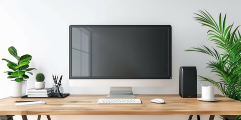 Modern workspace with dual monitors and clutterfree desk, isolated white background, high detail, techsavvy setup