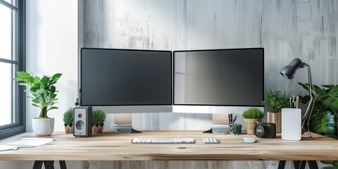 Modern workspace with dual monitors and clutterfree desk, isolated white background, high detail, techsavvy setup