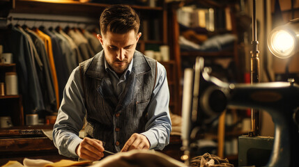 Male tailor operating a sewing machine
