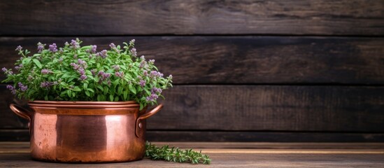 Fresh thyme in a old copper pot on wooden background. Creative banner. Copyspace image