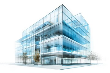 Modern office building with glass facade, isolated white background, high detail, investment opportunity