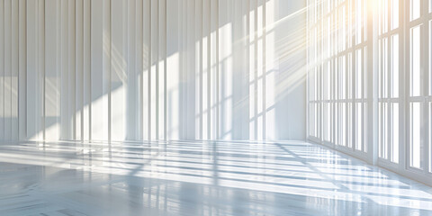 Obraz premium empty room with white walls and a light gray floor. Minimalist interior with sunlight streaming through large windows casting long shadows on the polished floor creating a bright and airy atmosphere 