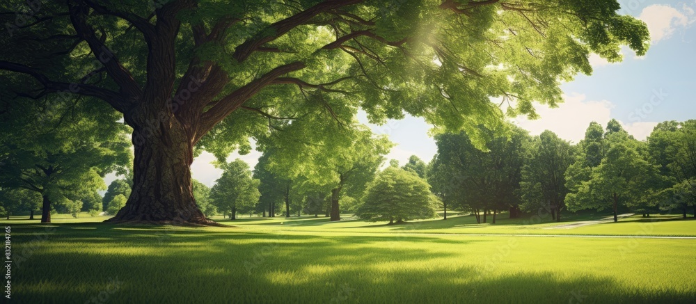 Poster lawn with bright green grass in a park with a large tree and sunlight. creative banner. copyspace im