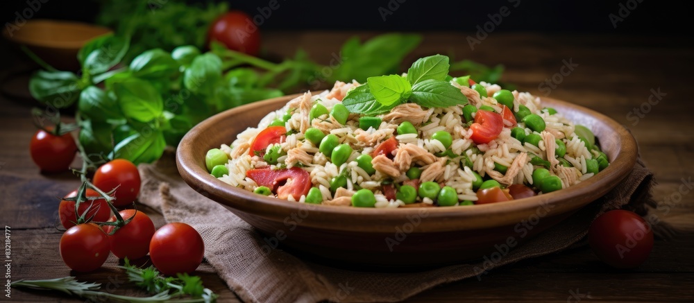 Poster cold summer salad with rice tuna green pea and tomato rustic style and selective focus. creative ban