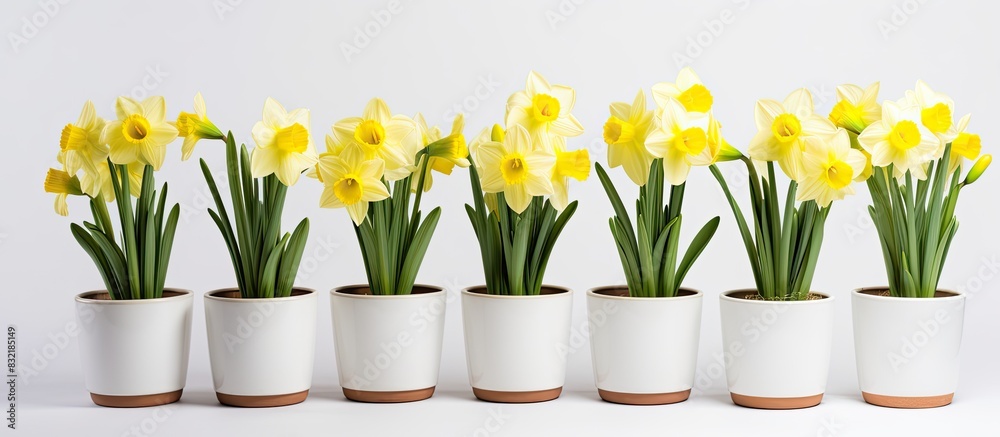Poster spring flowers in full bloom in pots against white background yellow and white daffodil blossoms. cr