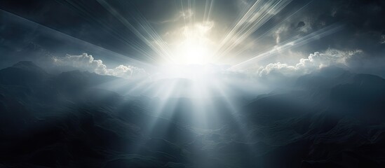 Fototapeta premium Black clouds with light of the sun. Creative banner. Copyspace image