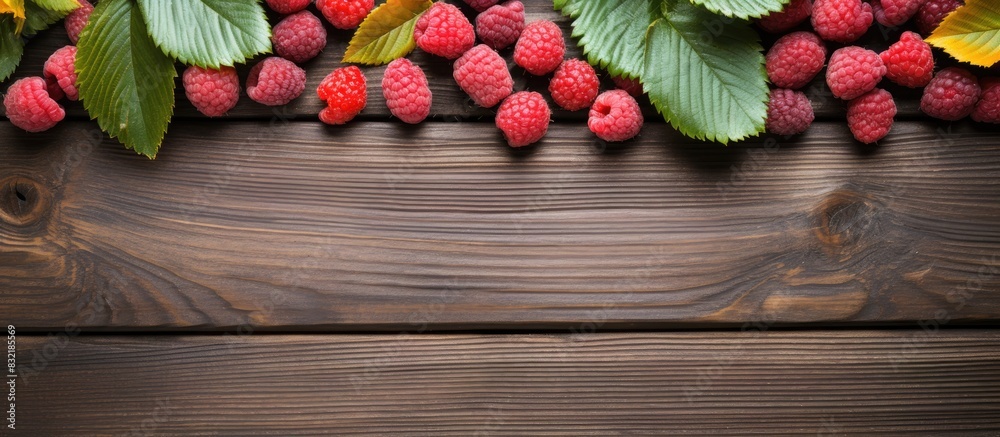 Fototapete a scattering of raspberry and raspberry leaves on a wooden background. creative banner. copyspace im