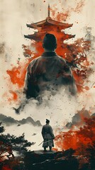 Fototapeta premium Chianese Ink Painting: Silhouetted Figure Standing on mountain high