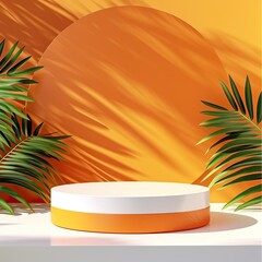 Fototapeta premium Modern tropical mockup scene with palm leaves shadows, an orange backdrop, and a round podium for product presentation.