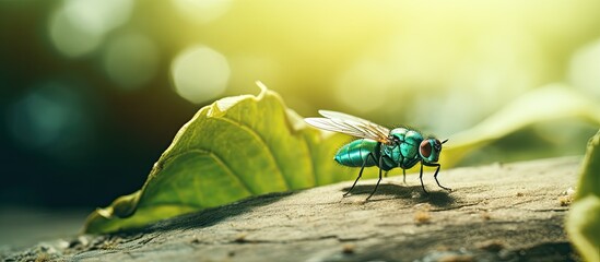 a green fly that perches on a leaf and finally flies back because of the wind. Creative banner. Copyspace image - Powered by Adobe