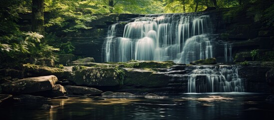 small river waterfall in nature. Creative banner. Copyspace image