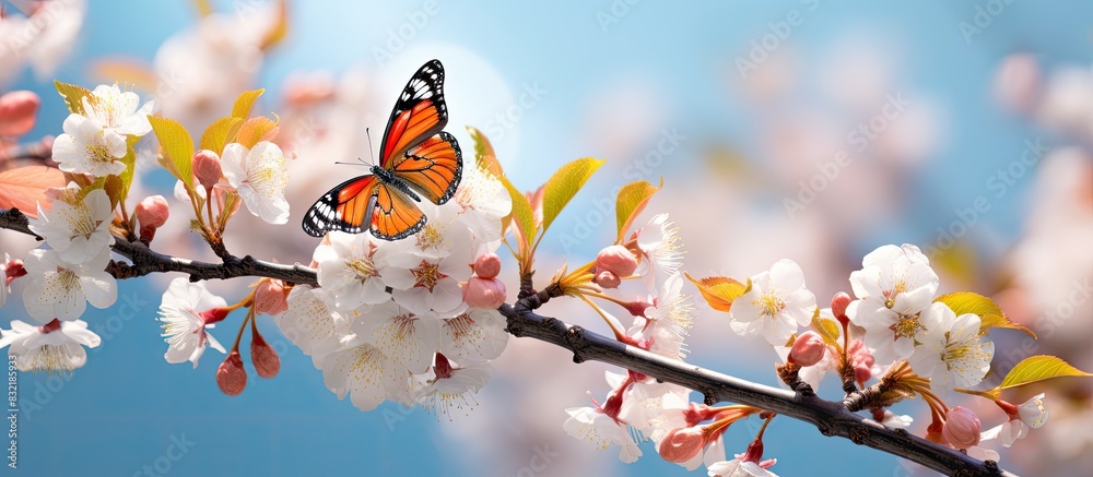 Poster Spring image with butterfly and blossoming fruit tree Springtime nature abstract Clouseup. Creative banner. Copyspace image