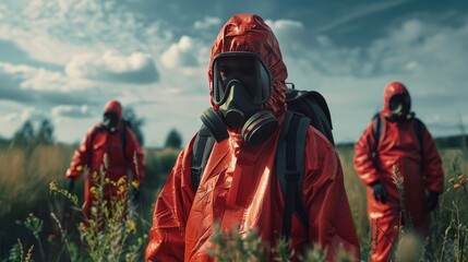 Team in red protective suits and gas masks, standing in a field with a cloudy sky, prepared for a hazardous operation, Chemical disaster response unit in action at a futuristic agricultural site.