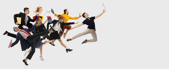 Motivated and ambitious people, employees working on their way to success isolated on white background. Deadlines. Concept of business, office lifestyle, ambitions, career, success.